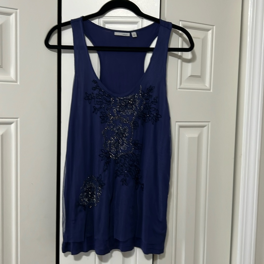 Nordstrom Halogen blue top with mesh, black and silver beaded overlay